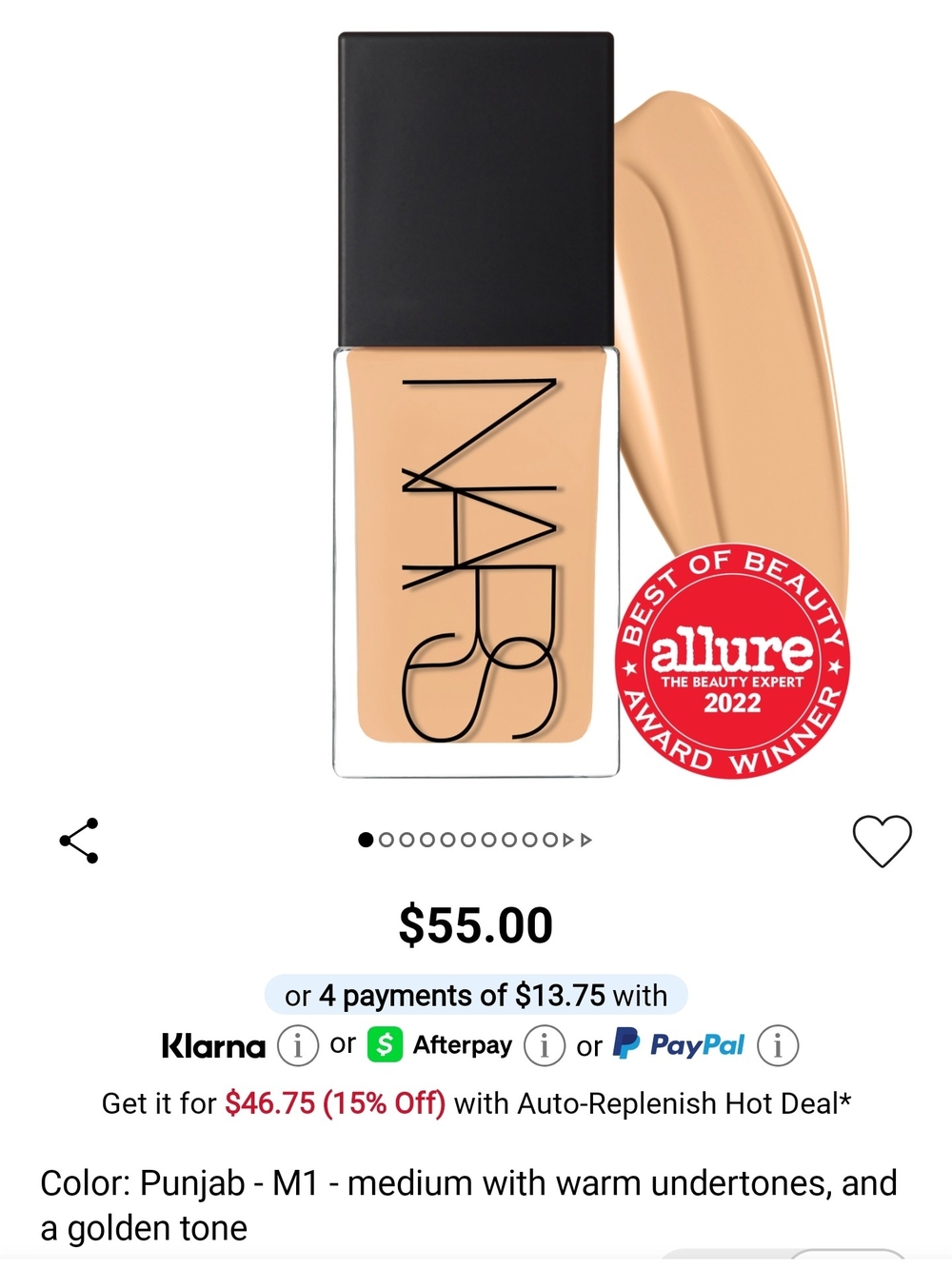 NARS Natural Radiant Longwear Foundation — Punjab (warm golden tan)